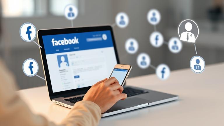 alt_text: Person deleting a Facebook account on laptop, with icons and logo to show account management.