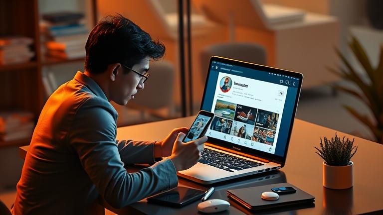 alt_text: Person at modern desk using Instagram on phone and laptop, seeking original handle.