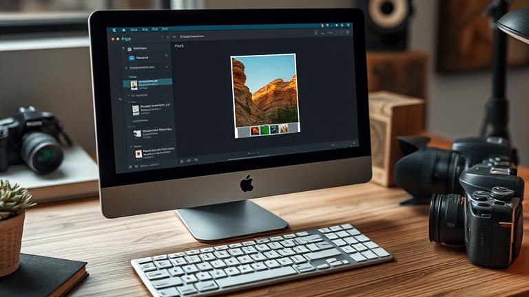 alt_text: Lightroom screen exporting print, with camera, keyboard, and workspace in natural light.