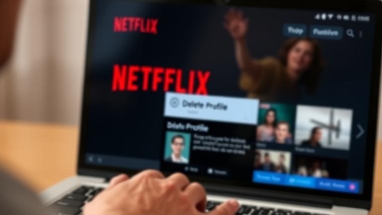 alt_text: Person hesitates to delete a Netflix profile on screen with a confirmation prompt.