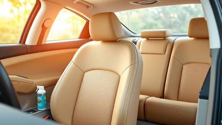 alt_text: Clean car seat with cleaning supplies, fresh interior, highlighting odor removal.