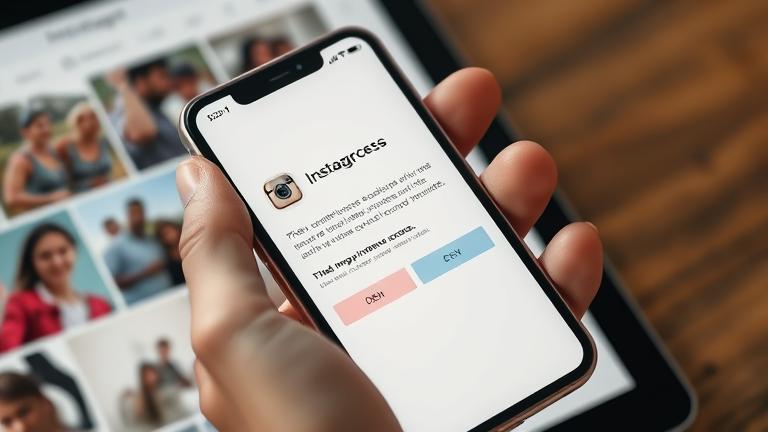 alt_text: Person holding phone with Instagram permissions prompt, surrounded by icons and photos.