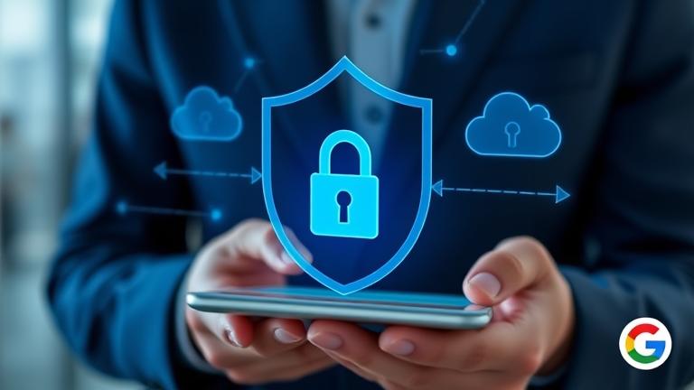 alt_text: Person using device with lock icon and Google colors, symbolizing secure, seamless access.