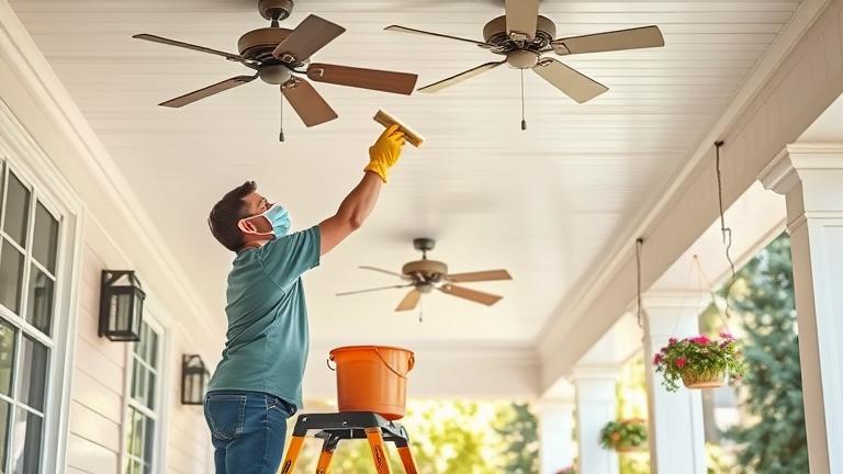 alt_text: Person cleaning porch ceiling with sponge, ladder, gloves, and mask; inviting and tidy scene.
