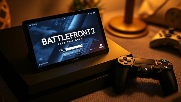 Alt_text: PS4 with "Battlefront 2" installing, controller nearby in cozy gaming setup.