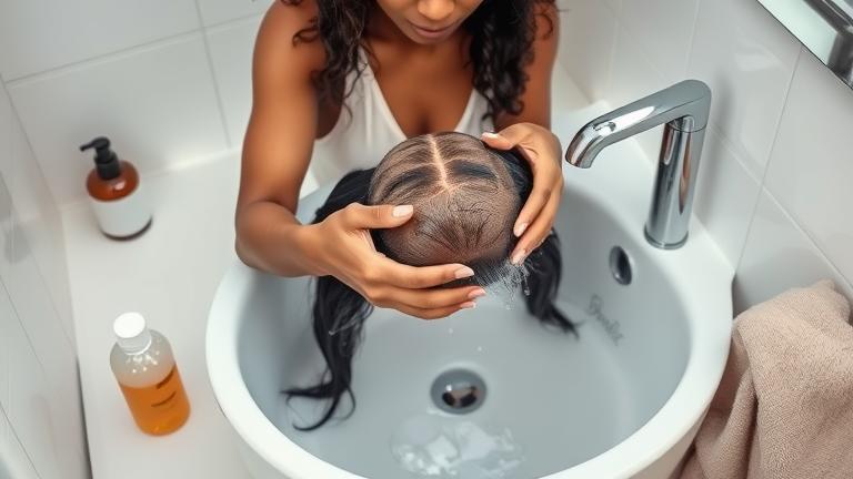 alt_text: Confident person gently washes a lace wig in a modern bathroom sink, showcasing care details.