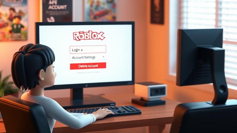 alt_text: Person at desk viewing Roblox login, with account options highlighted, in warm, cozy setting.