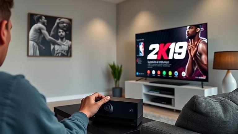 alt_text: Person updates NBA 2K19 on Xbox One in a modern living room with TV and gaming setup.