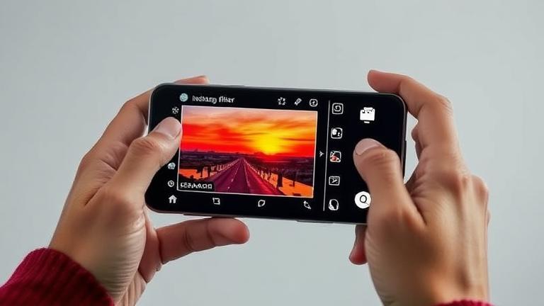 alt_text: Person editing a sunset photo on a smartphone with Instagram-like filters and tools.