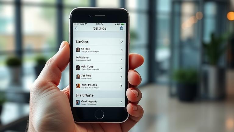 alt_text: Close-up of iPhone 6 screen showing email notification settings in a blurred modern environment.