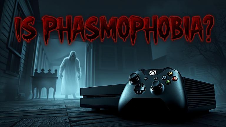 alt_text: Haunted house scene with Xbox, ghostly figure, fog, and spooky title asking about Phasmophobia on Xbox.