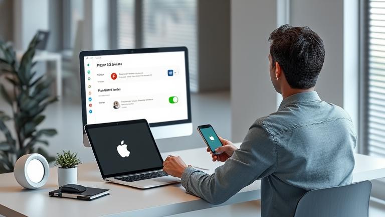 alt_text: Person removing an old Apple ID on a MacBook, with settings and delete icons visible.