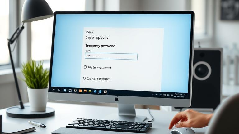 alt_text: Windows 10 sign-in setup on screen, showing password change in a modern workspace.