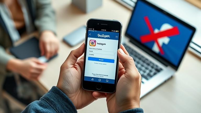 alt_text: Person holds phone with Instagram open; social icons, crossed Facebook hint at independence.