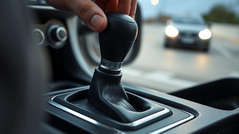 alt_text: Person shifting a car into neutral in a parking lot, focusing on the gear shift.