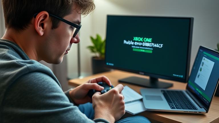 alt_text: Person troubleshooting Xbox One error 0x800704cf in a cozy gaming setup with guide and devices.