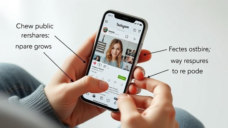 alt_text: Person using Instagram on phone, viewing public reshares with icons in a modern setting.