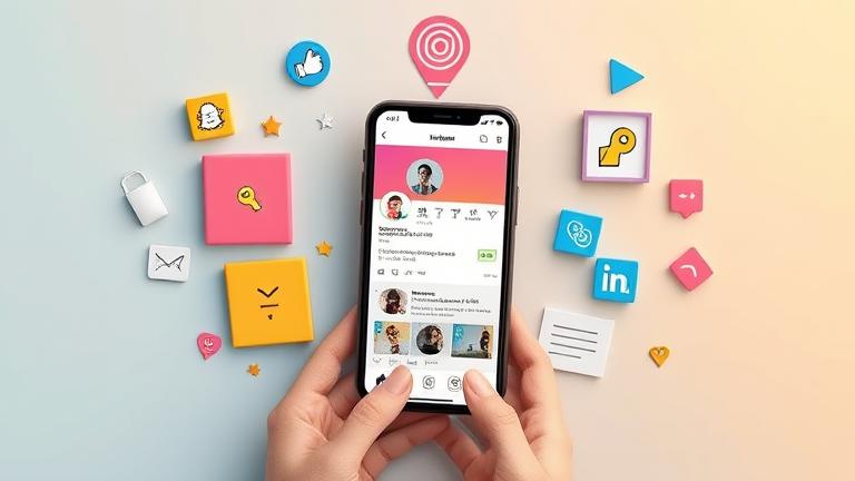 alt_text: Person transforming Instagram profile into a vibrant personal blog with icons and design elements.