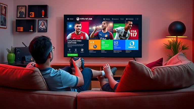 alt_text: Person on couch with controller, FIFA menu on screen, Xbox decor hints at solo or online gaming.