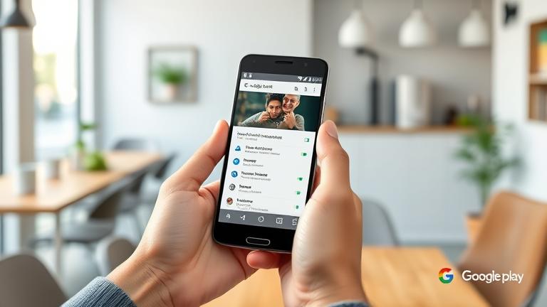 alt_text: Person holding phone with Google Play Store, switching accounts in a modern, cozy setting.