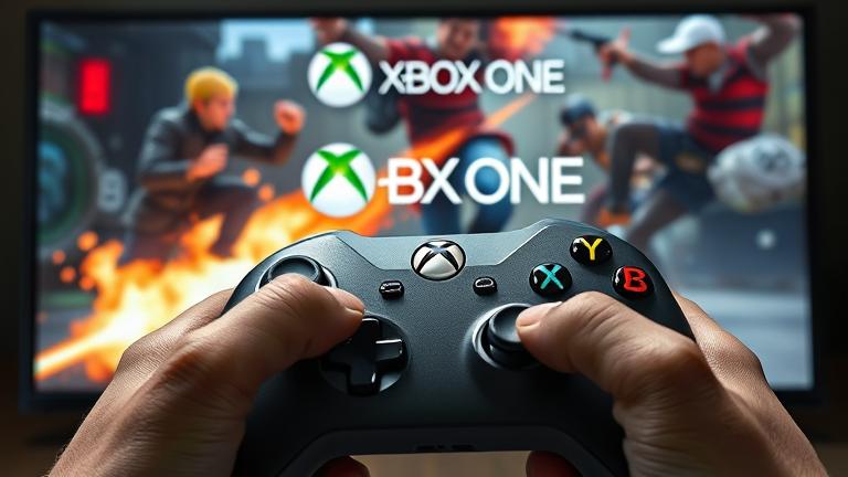 alt_text: Person holding Xbox controller with intense game scene and stick fight on screen.
