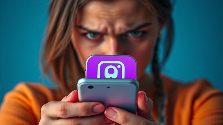 alt_text: Frustrated person looking at phone with locked Instagram icon, symbolizing digital trap.