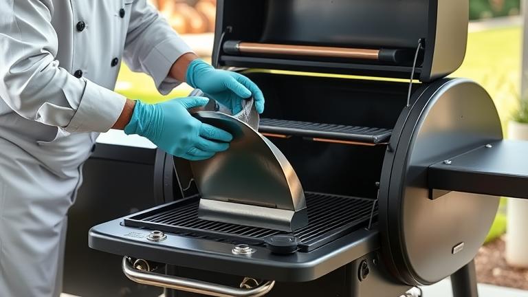 alt_text: Chef cleaning Traeger grease trap outdoors with tools, gloves, and a tidy grill.