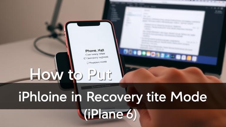 alt_text: iPhone 6 in recovery mode with connected Lightning cable, iTunes on PC, hand pressing buttons.