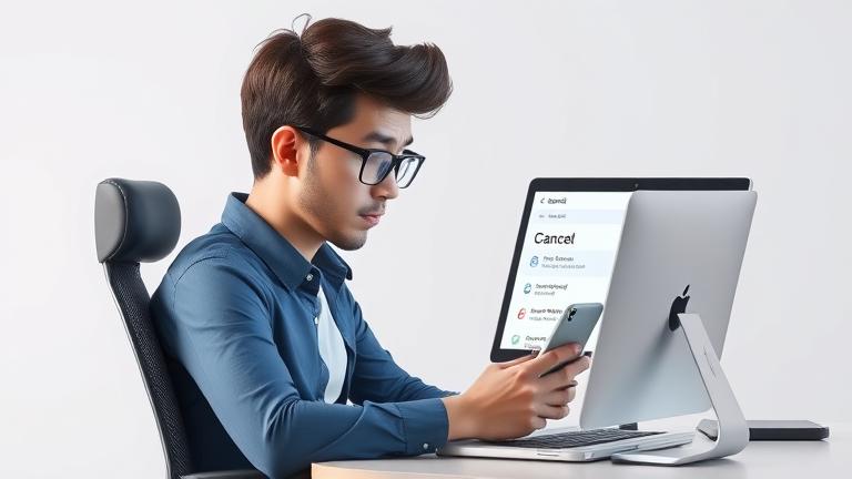 alt_text: User managing SwiftKey account settings, appearing thoughtful, with app interface and tech backdrop.