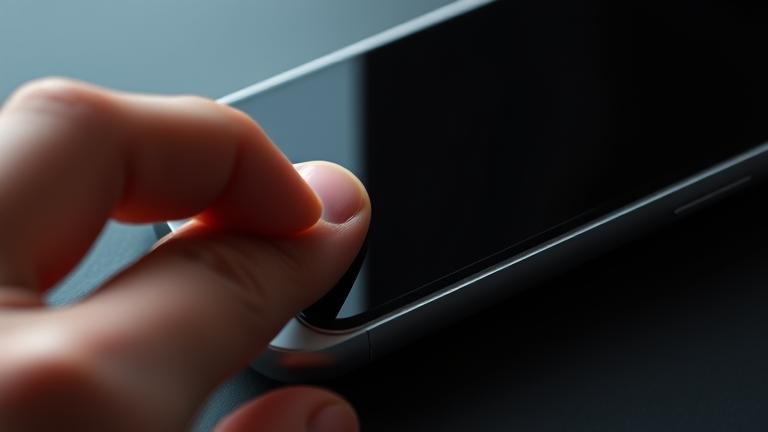 alt_text: Close-up of iPhone being turned off with hand pressing side button, glowing screen dims.