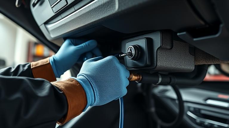 alt_text: Technician servicing car AC system with gauges in a professional workshop setting.