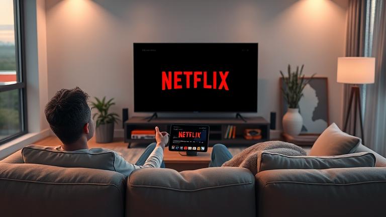 alt_text: Person on sofa with tablet/remote, Netflix on screen, cozy modern living room.