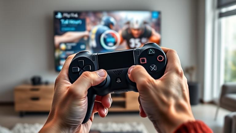alt_text: Person holding PS4 controller, showing gameplay hours on screen in a modern living room.
