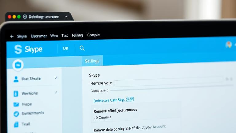 alt_text: Laptop screen showing Skype settings with user deleting a username, in a clean, realistic style.