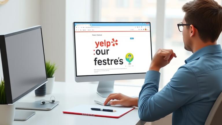 alt_text: Person at a desk examining Yelp on computer, exploring account deletion and privacy.