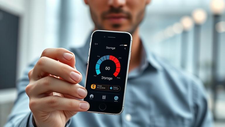 alt_text: Person holding iPhone 5 with a visual storage meter, emphasizing increasing device capacity.