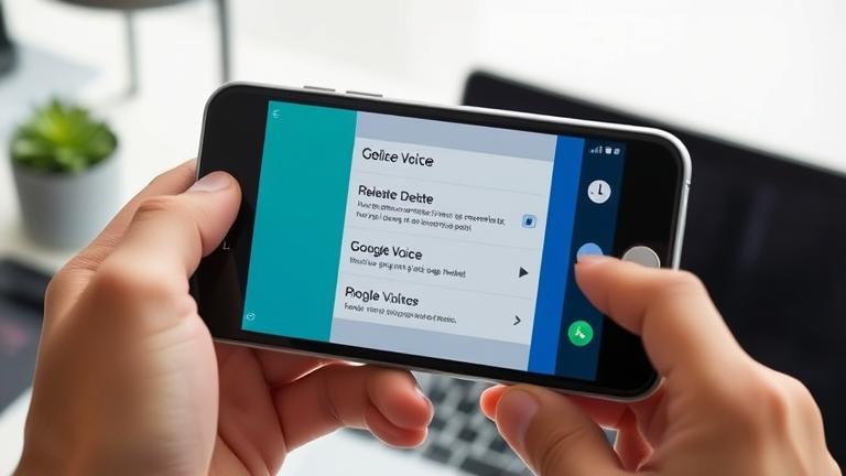 alt_text: Person with iPhone managing or deleting a Google Voice number on a clean workspace.