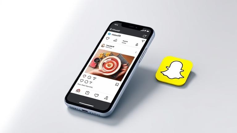 Smartphone sharing an Instagram post to Snapchat with logos and vibrant split-screen visuals.