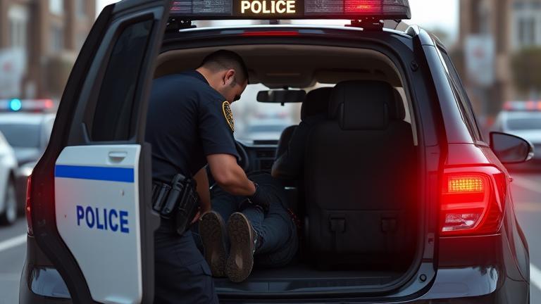 alt_text: Police officer placing restrained suspect into patrol car in urban setting.