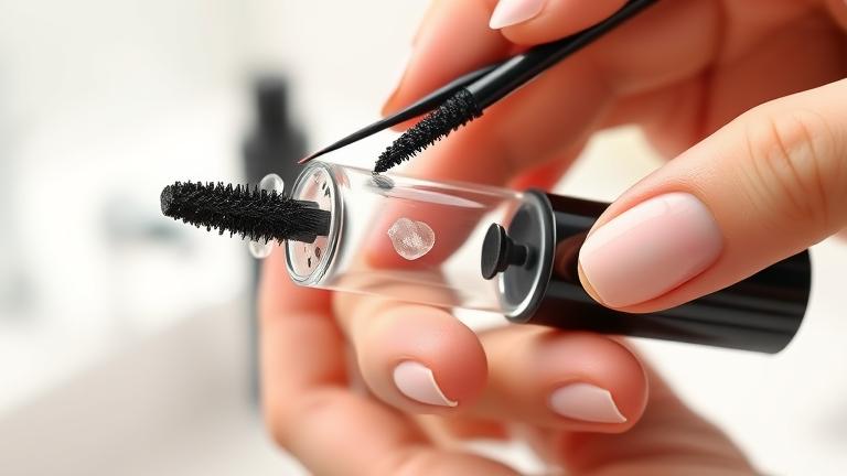 alt_text: Close-up of hand cleaning a mascara tube with a brush, highlighting hygiene and care.