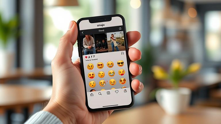 alt_text: Person adds emojis to an Instagram post on a smartphone in a cozy, casual setting.