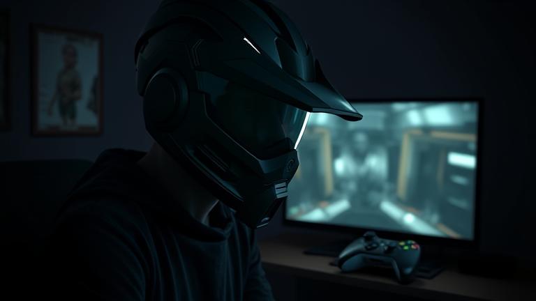 alt_text: Person with Ark Tek Helmet's night vision on, glowing in dark setting near Xbox controller.