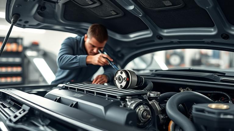 alt_text: Mechanic removing a governor from a car engine in a well-lit garage.