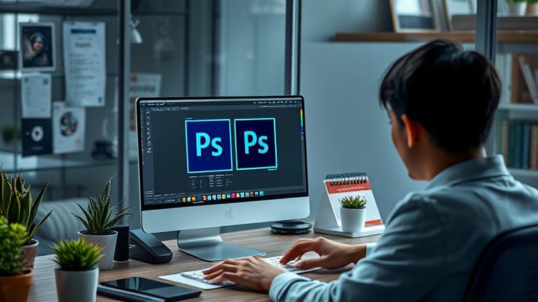 alt_text: Modern workspace with Photoshop on screen, subscription icons, billing, and a creator contemplating.