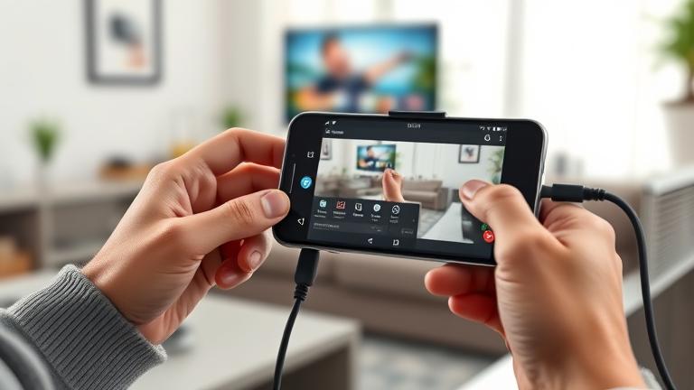 alt_text: Person connects Android phone to projector via HDMI in a modern, well-lit living room.