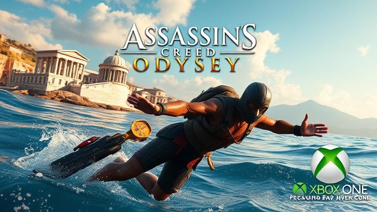 alt_text: Realistic "Assassin's Creed Odyssey" cover with diver, Greek coast, architecture, and Xbox logo.