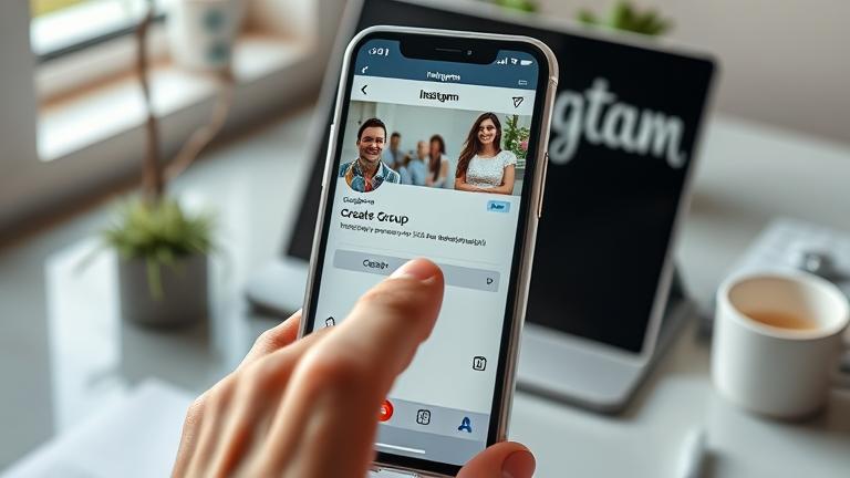 alt_text: User taps "Create Group" on Instagram app displayed on smartphone in a stylish workspace.