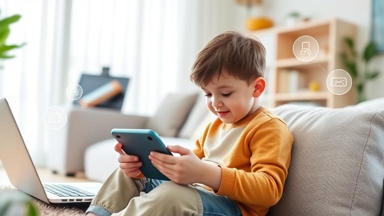 alt_text: Child uses devices while parent supervises via phone in a safe, connected home.