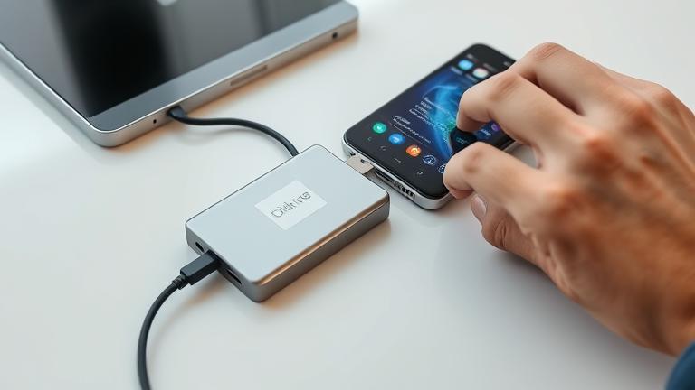 A person connects a 2TB external hard drive to an Android device via USB-C for data transfer.
