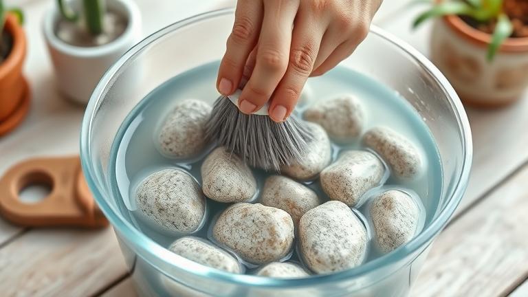 alt_text: Person rinsing leca stones in water with garden tools in the background, natural lighting.